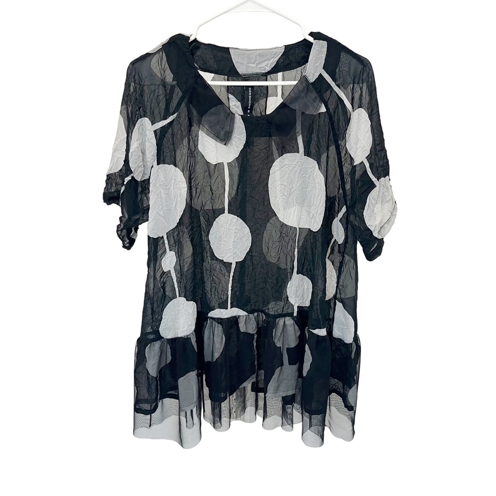Gershon Bram Black White Polka Dot‎ Crinkle Sheer Mesh Tunic Artsy - Size Medium